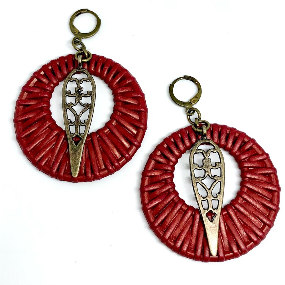 Maroon Dark Red Woven Rattan Look Bronze Filigree Leverback Hoops Hoop Earrings